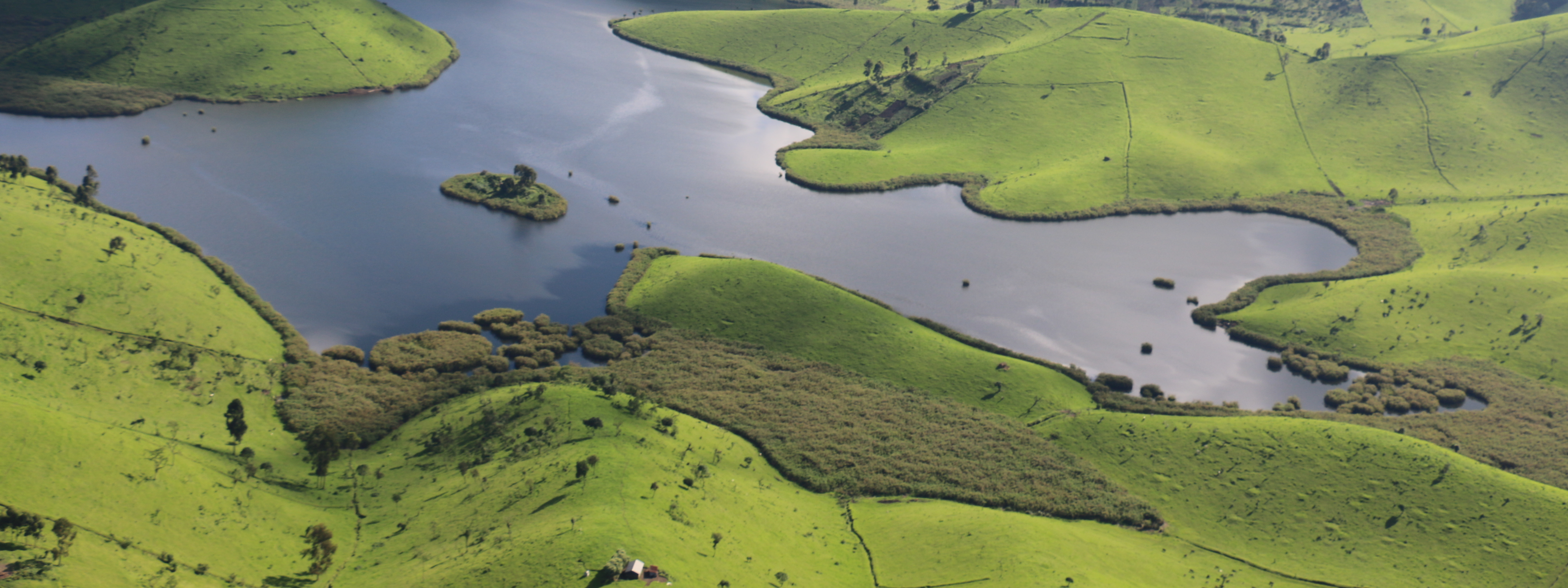 A hilly and green landscape with a lake